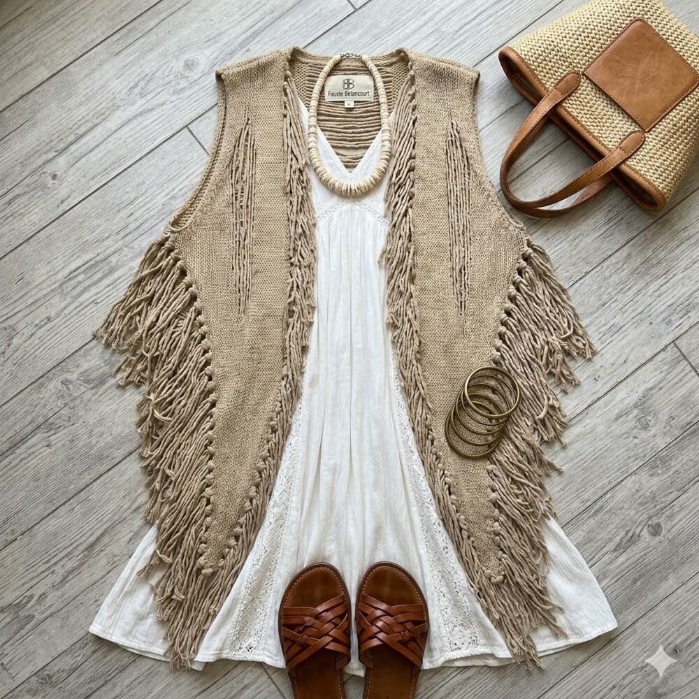 Fausto Betancourt Burning Man Cape Unisex Hand Knit Raw Cotton Knotted Khaki